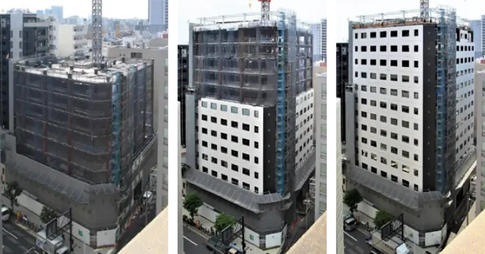 ⑫工事の進行の様子 建物の内側から外壁を取り付ける、安全性の高い「無足場工法」を採用