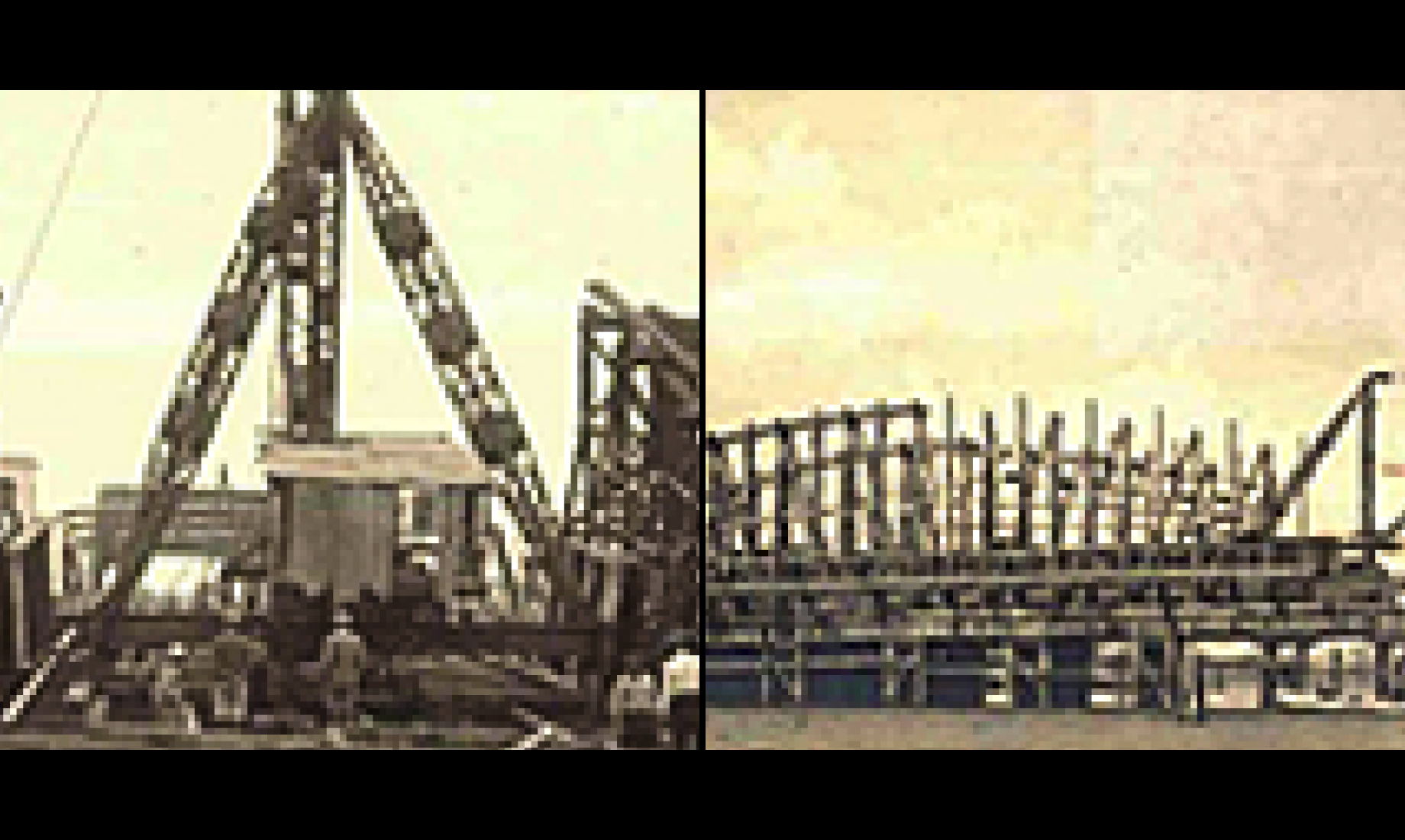 施工中の勝鬨橋　1枚目の写真には「(錢)高組 作業場」の文字が見える。(写真提供：東京都建設局)