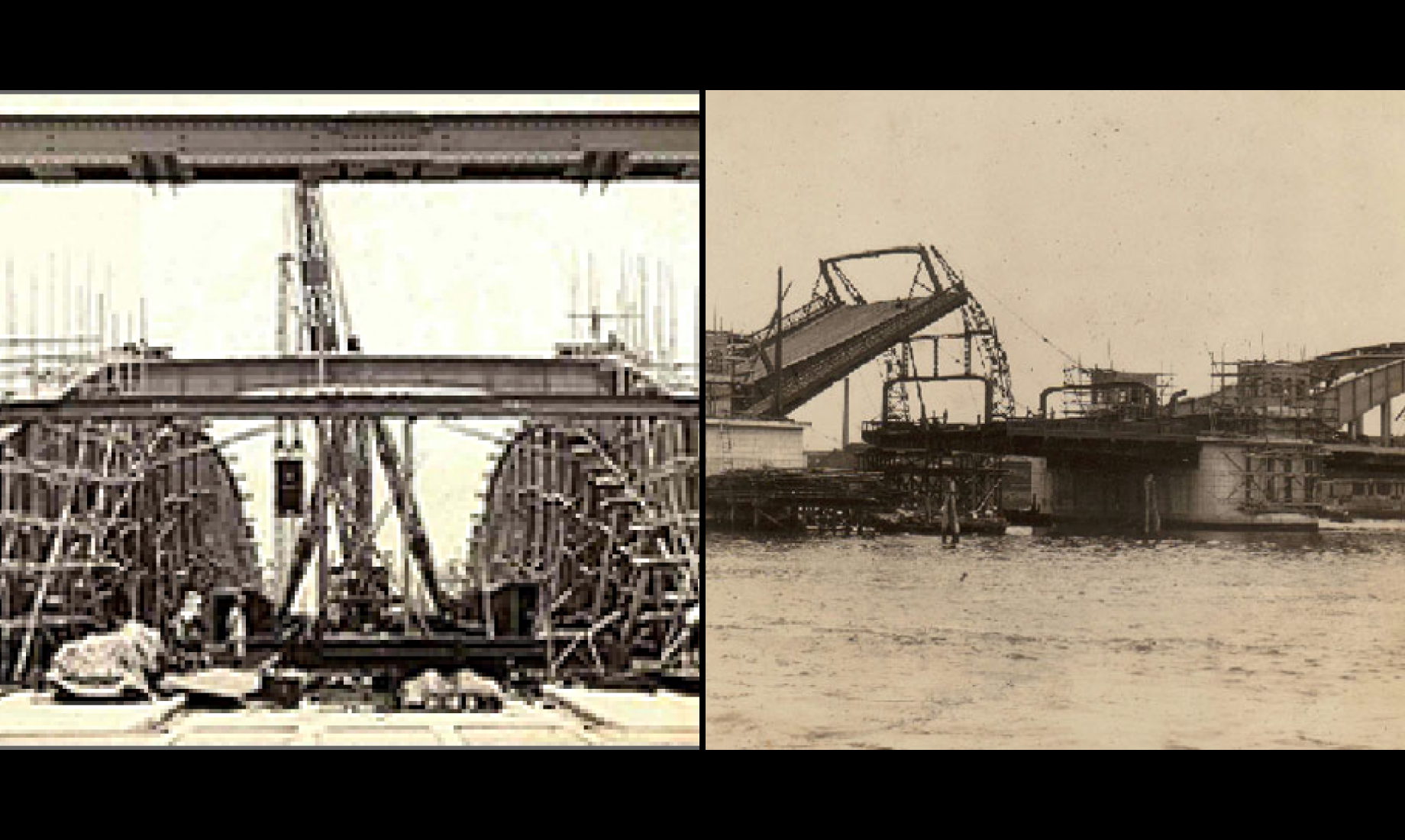 施工中の勝鬨橋　1枚目の写真には「(錢)高組 作業場」の文字が見える。(写真提供：東京都建設局)