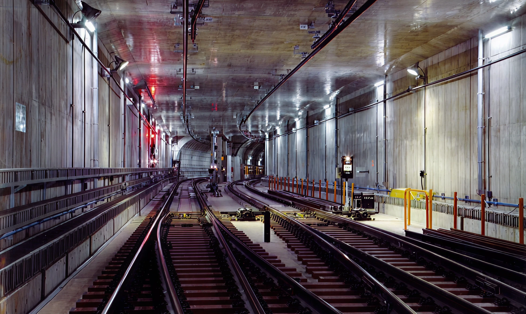 線路の敷設が完了した「渡り線部」。奥に丸いシールドトンネルが2本見える。