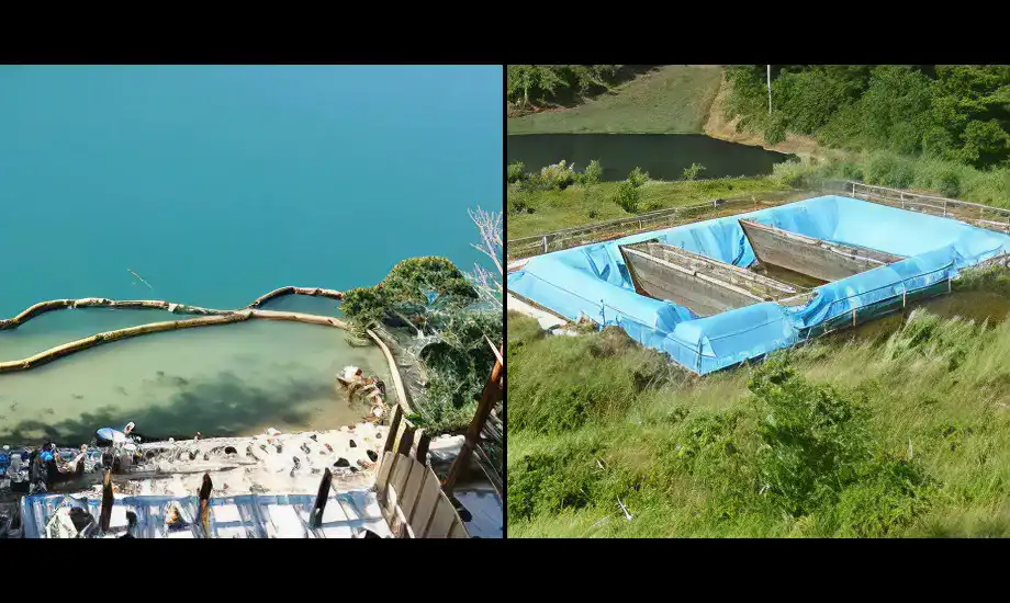 (左)水質汚濁防止ネット　(右)赤土流出対策の沈砂池