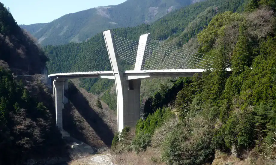 側面から見た夢翔大橋。橋桁部分が非常に薄いことが分かる。