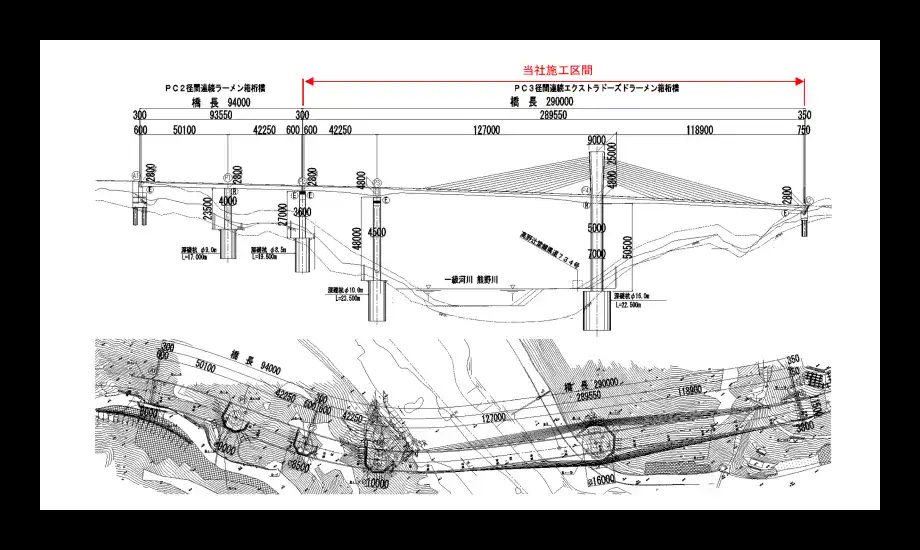 全体一般図。特徴的なエクストラドーズド橋部分の上部工の施工を担当した。