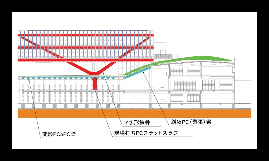 図書館の断面図。RC造の地下部分に蔵書を収める。