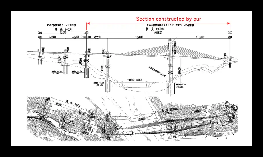 General Arrangement Drawing　We were responsible for constructing the superstructure of the distinctive extradosed bridge section.